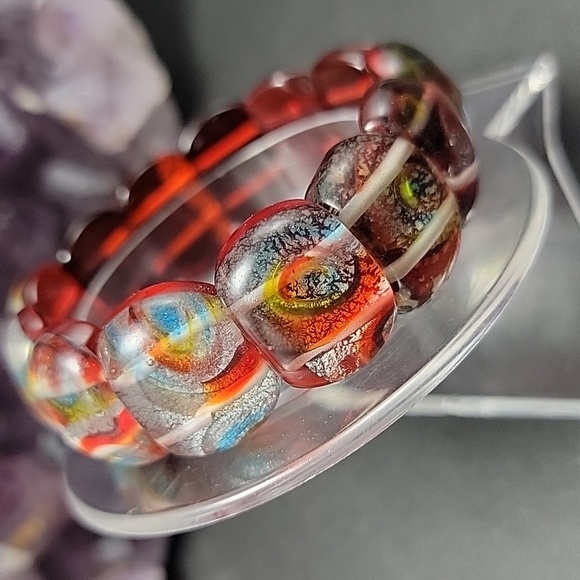 20x14.7mm Handmade Glass Abstract Milliefiori Lampwork Foil Beaded Bracelet - Picture 5 of 9